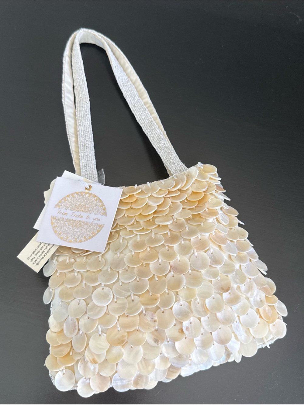 Cream Shell Disc Beaded Shoulder Bag